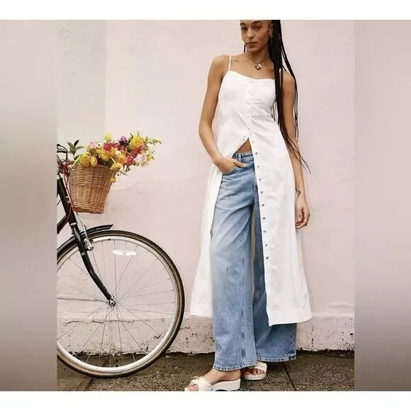 Free People Ivory Cotton Button Down Denim Scoop Neck Just Jill Maxi Dress S - Picture 5 of 5